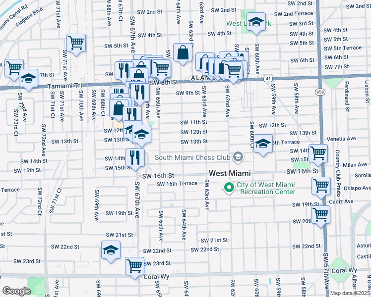 map of restaurants, bars, coffee shops, grocery stores, and more near 1351 Southwest 64th Avenue in West Miami