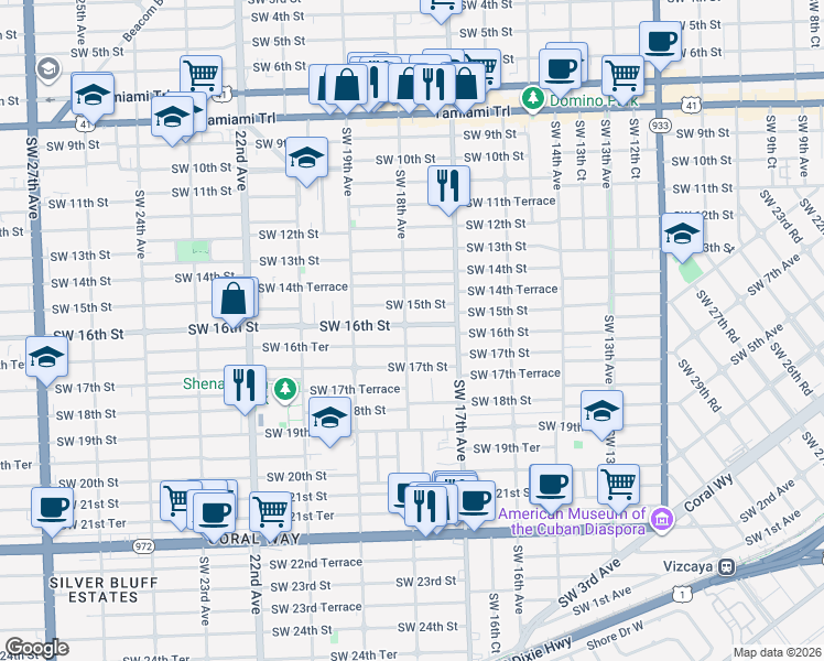 map of restaurants, bars, coffee shops, grocery stores, and more near 1800 Southwest 16th Street in Miami