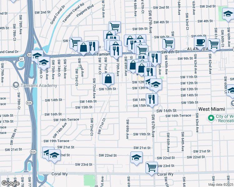 map of restaurants, bars, coffee shops, grocery stores, and more near 1330 Southwest 70th Avenue in Miami