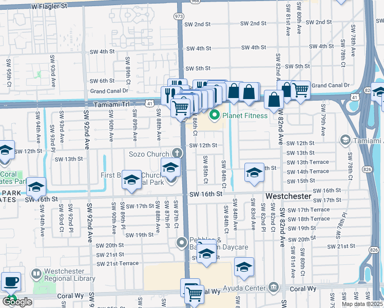 map of restaurants, bars, coffee shops, grocery stores, and more near 1235 Southwest 87th Avenue in Miami