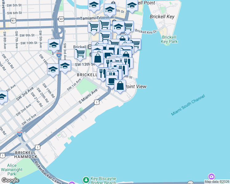 map of restaurants, bars, coffee shops, grocery stores, and more near 1450 Brickell Bay Drive in Miami