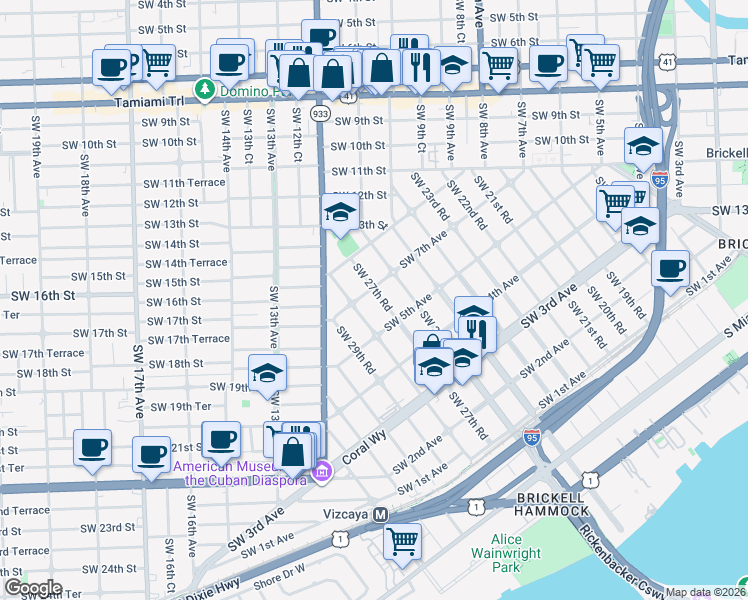 map of restaurants, bars, coffee shops, grocery stores, and more near 2735 Southwest 7th Avenue in Miami