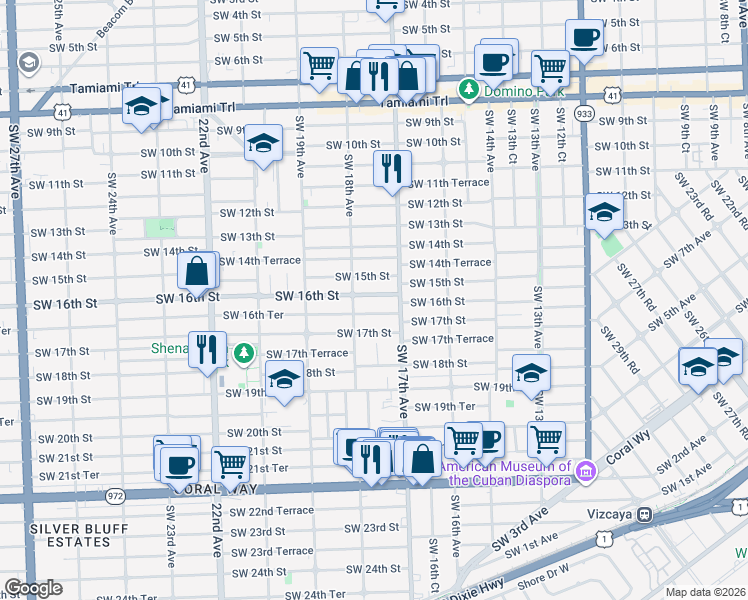 map of restaurants, bars, coffee shops, grocery stores, and more near 1724 Southwest 16th Street in Miami