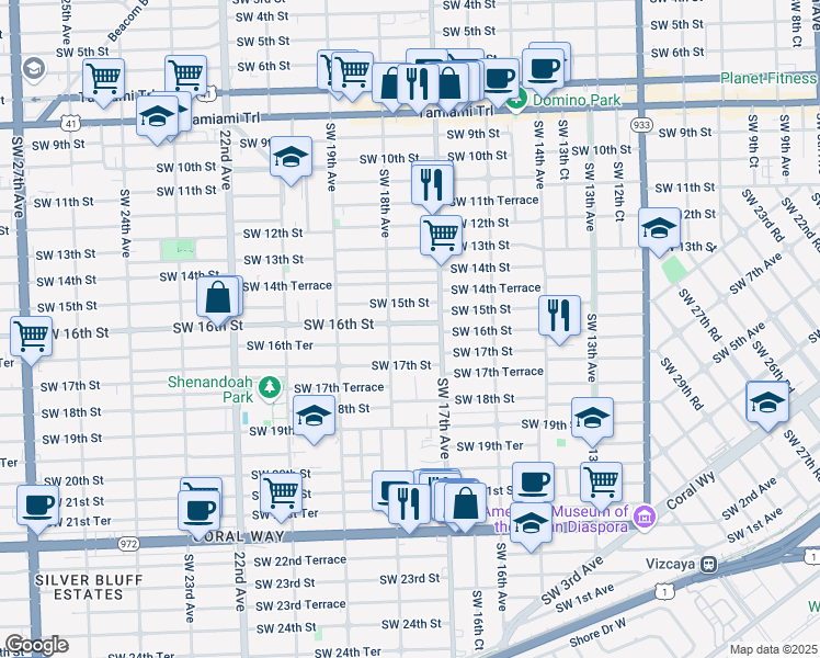 map of restaurants, bars, coffee shops, grocery stores, and more near 1724 Southwest 16th Street in Miami