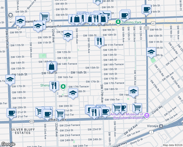 map of restaurants, bars, coffee shops, grocery stores, and more near 1800 Southwest 16th Street in Miami