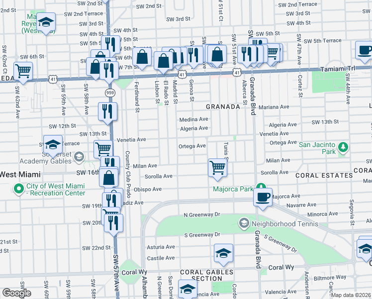 map of restaurants, bars, coffee shops, grocery stores, and more near 1260 Ortega Avenue in Coral Gables