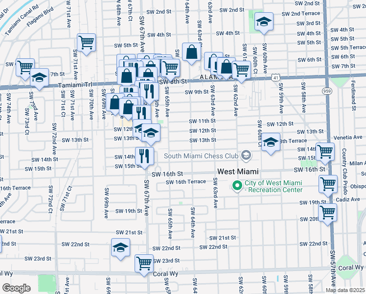 map of restaurants, bars, coffee shops, grocery stores, and more near 6457 Southwest 14th Street in West Miami