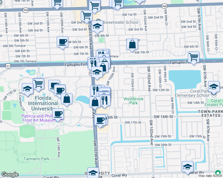 map of restaurants, bars, coffee shops, grocery stores, and more near 1151 Southwest 105th Avenue in Miami