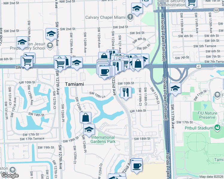 map of restaurants, bars, coffee shops, grocery stores, and more near 1010 Southwest 121st Court in Miami