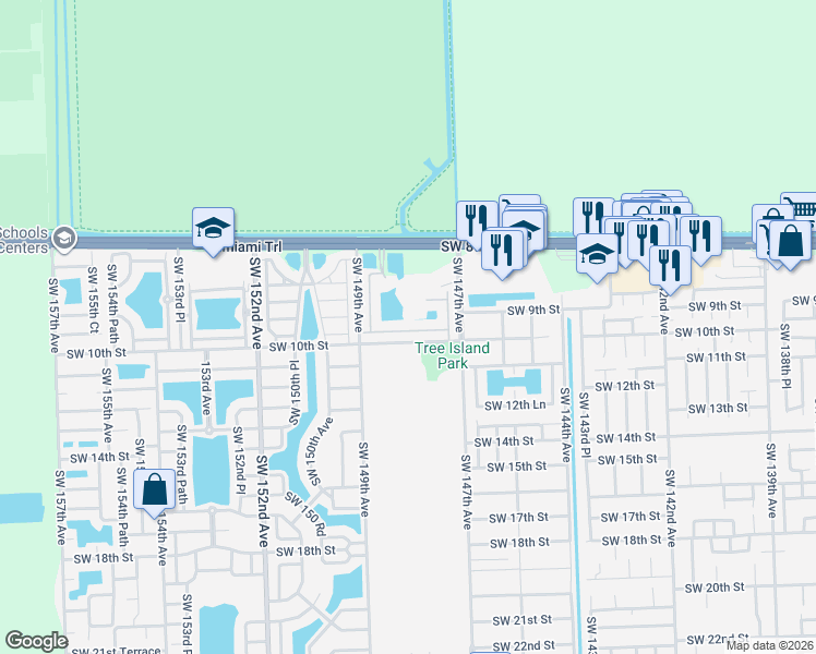 map of restaurants, bars, coffee shops, grocery stores, and more near 14773 Southwest 9th Lane in Miami