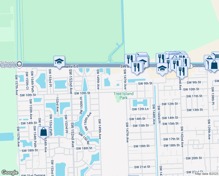 map of restaurants, bars, coffee shops, grocery stores, and more near 14773 Southwest 9th Lane in Miami