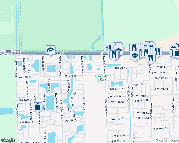 map of restaurants, bars, coffee shops, grocery stores, and more near 14859 Southwest 9th Lane in Miami