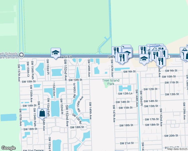 map of restaurants, bars, coffee shops, grocery stores, and more near 14859 Southwest 9th Lane in Miami