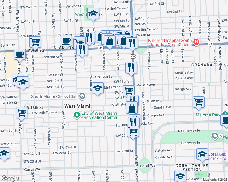 map of restaurants, bars, coffee shops, grocery stores, and more near 5831 Southwest 14th Street in West Miami