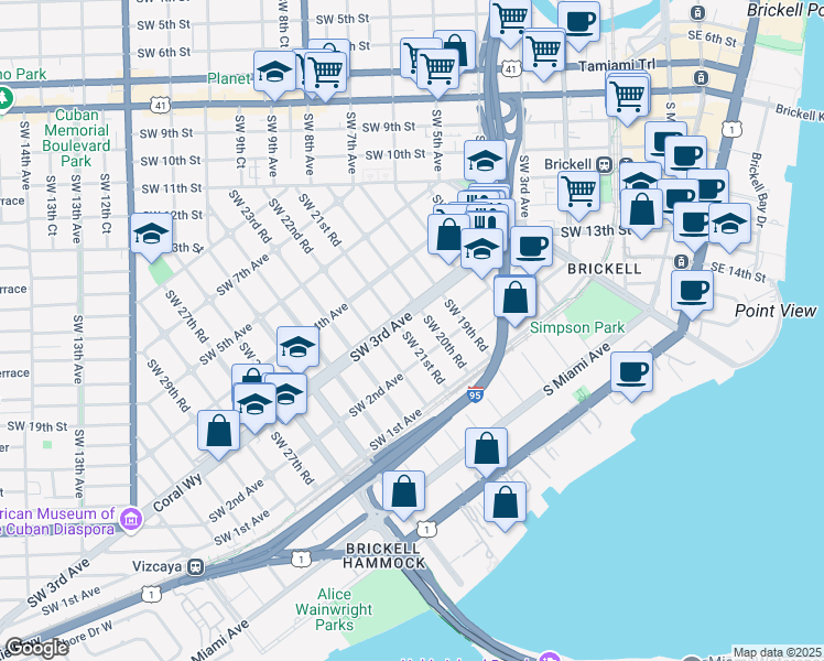 map of restaurants, bars, coffee shops, grocery stores, and more near 245 Southwest 21st Road in Miami