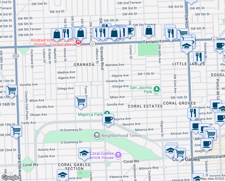 map of restaurants, bars, coffee shops, grocery stores, and more near 921 Messina Avenue in Coral Gables