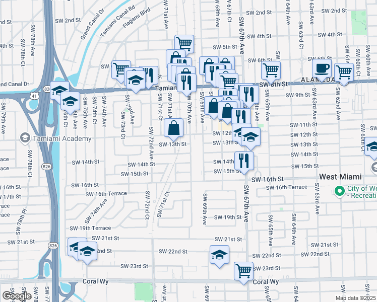 map of restaurants, bars, coffee shops, grocery stores, and more near 1330 Southwest 70th Avenue in Miami