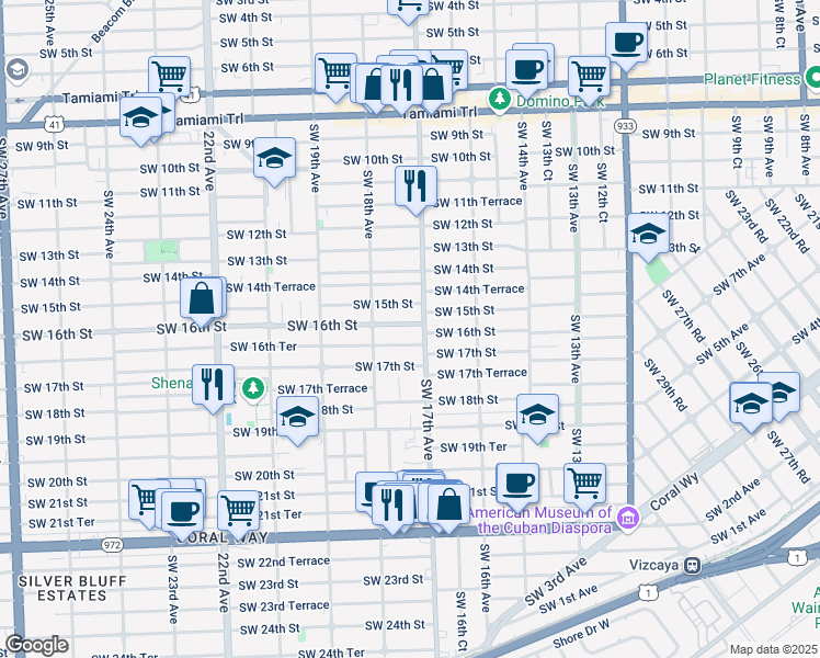 map of restaurants, bars, coffee shops, grocery stores, and more near 1724 Southwest 16th Street in Miami