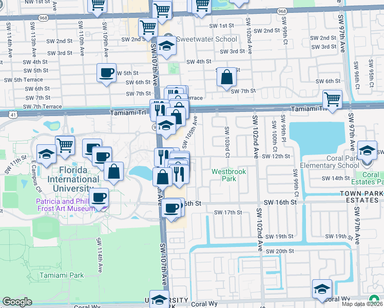 map of restaurants, bars, coffee shops, grocery stores, and more near 1151 Southwest 105th Avenue in Miami