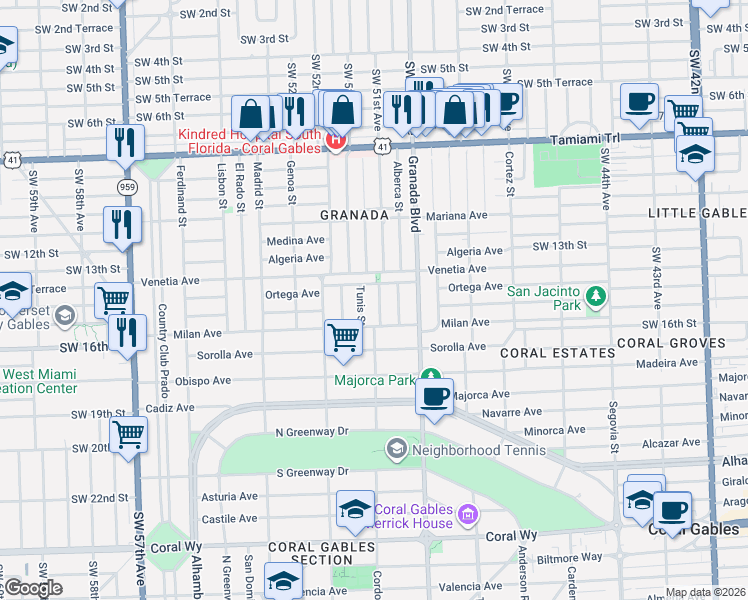 map of restaurants, bars, coffee shops, grocery stores, and more near 1417 Cordova Street in Coral Gables