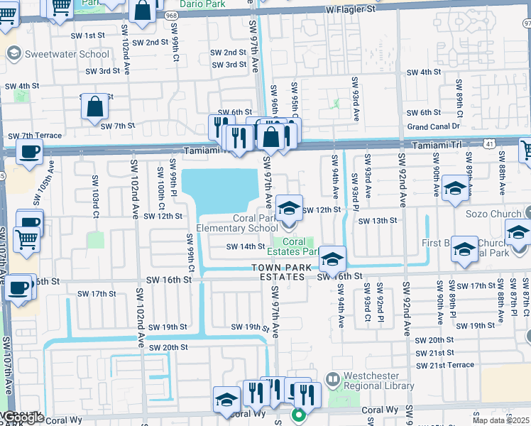 map of restaurants, bars, coffee shops, grocery stores, and more near 1150 Southwest 97th Avenue in Miami