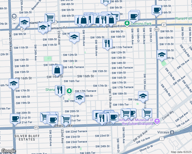 map of restaurants, bars, coffee shops, grocery stores, and more near 1800 Southwest 16th Street in Miami
