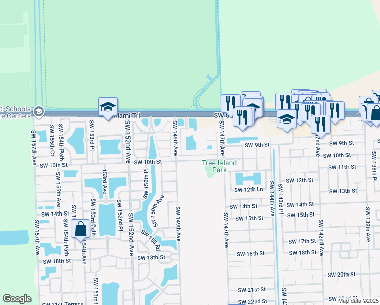 map of restaurants, bars, coffee shops, grocery stores, and more near 14859 Southwest 9th Lane in Miami