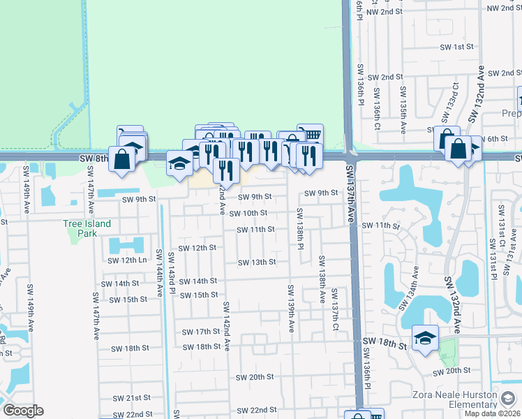 map of restaurants, bars, coffee shops, grocery stores, and more near 13961 Southwest 10th Street in Miami