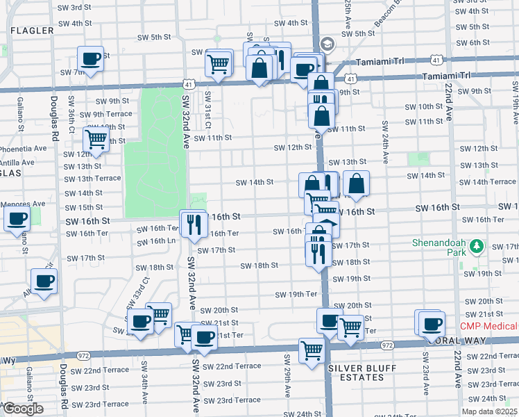 map of restaurants, bars, coffee shops, grocery stores, and more near 1535 Southwest 30th Avenue in Miami