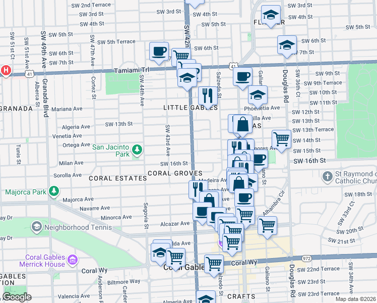 map of restaurants, bars, coffee shops, grocery stores, and more near 4208 Southwest 15th Street in Miami