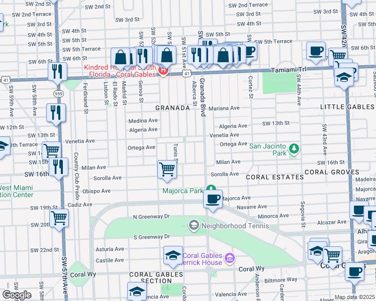 map of restaurants, bars, coffee shops, grocery stores, and more near 1417 Cordova Street in Coral Gables