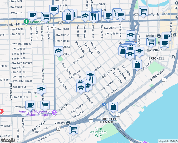 map of restaurants, bars, coffee shops, grocery stores, and more near 420 Southwest 24th Road in Miami