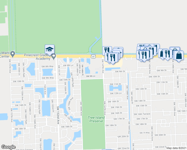 map of restaurants, bars, coffee shops, grocery stores, and more near 14773 Southwest 9th Lane in Miami