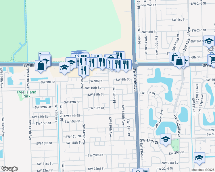 map of restaurants, bars, coffee shops, grocery stores, and more near 940 Southwest 139th Avenue in Miami