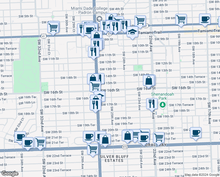 map of restaurants, bars, coffee shops, grocery stores, and more near 1598 Southwest 25th Avenue in Miami