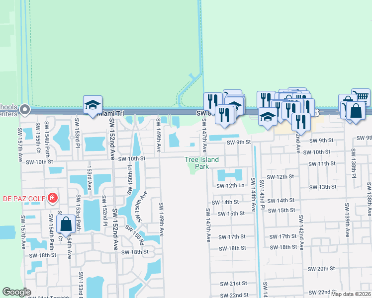 map of restaurants, bars, coffee shops, grocery stores, and more near 14773 Southwest 9th Lane in Miami