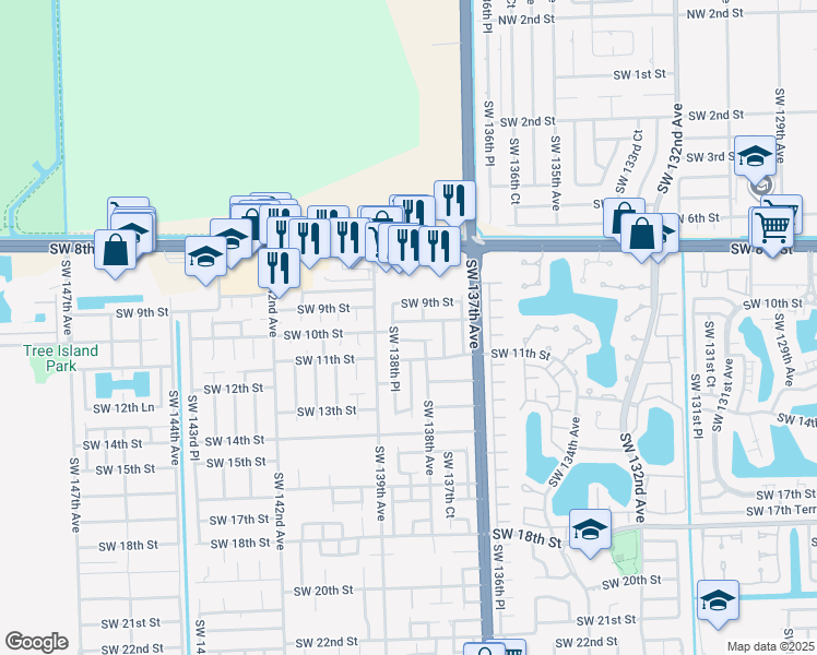 map of restaurants, bars, coffee shops, grocery stores, and more near 13840 SW 9th Terrace in Miami