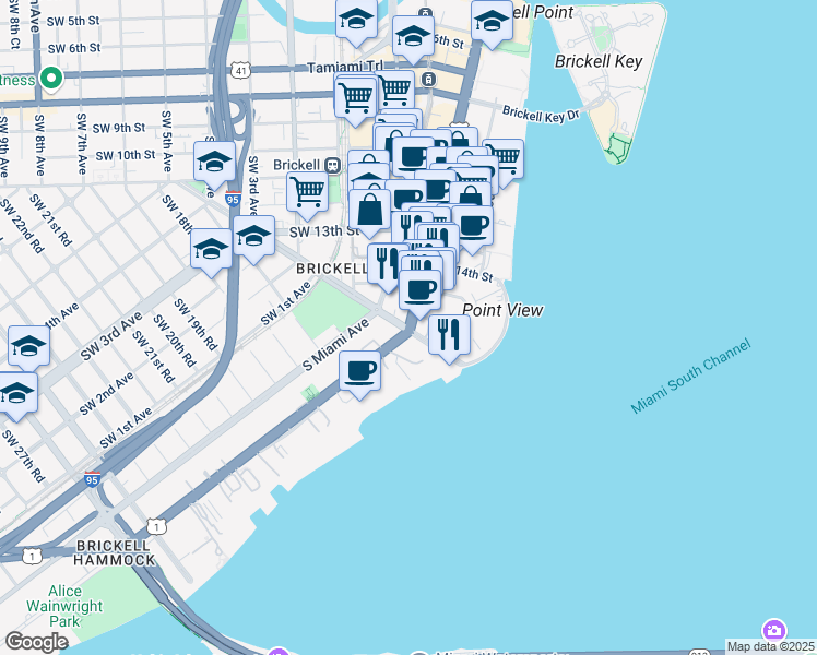 map of restaurants, bars, coffee shops, grocery stores, and more near 1441 Brickell Avenue in Miami
