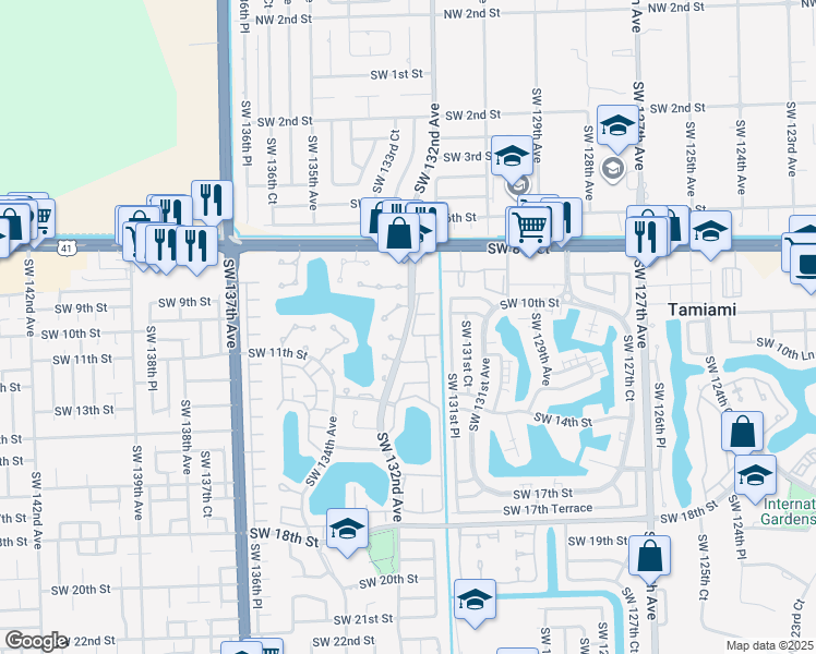 map of restaurants, bars, coffee shops, grocery stores, and more near Southwest 132nd Avenue in Miami
