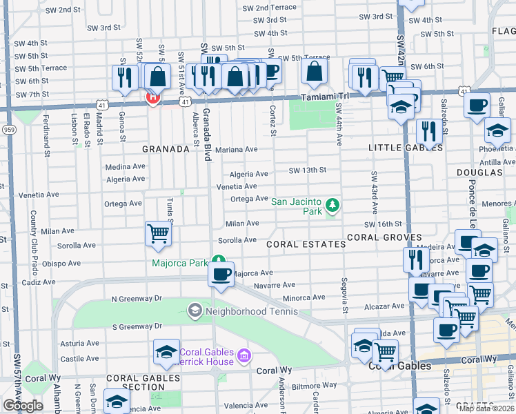 map of restaurants, bars, coffee shops, grocery stores, and more near 825 Messina Avenue in Coral Gables