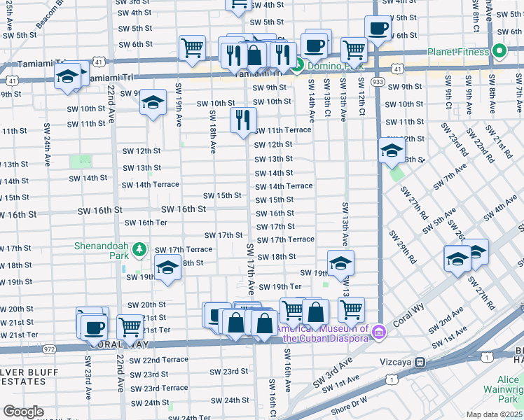 map of restaurants, bars, coffee shops, grocery stores, and more near 1661 Southwest 16th Street in Miami