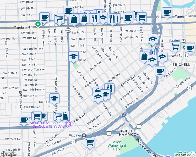 map of restaurants, bars, coffee shops, grocery stores, and more near 470 Southwest 25th Road in Miami