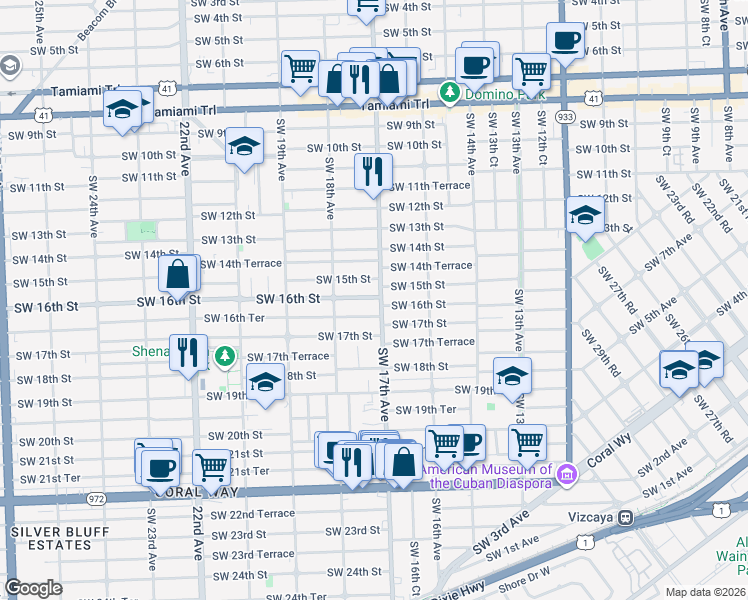 map of restaurants, bars, coffee shops, grocery stores, and more near 1724 Southwest 16th Street in Miami