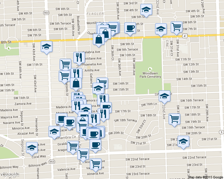 map of restaurants, bars, coffee shops, grocery stores, and more near 3681 Southwest 15th Street in Miami