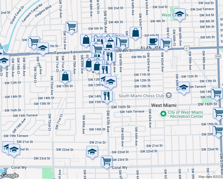 map of restaurants, bars, coffee shops, grocery stores, and more near 6551 Southwest 13th Terrace in Miami