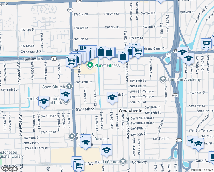 map of restaurants, bars, coffee shops, grocery stores, and more near 8340 SW 12th Terrace in Miami
