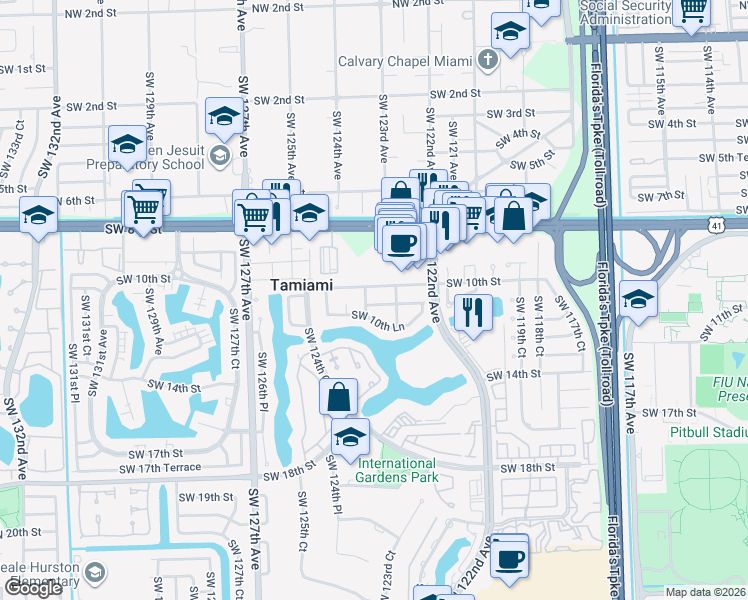 map of restaurants, bars, coffee shops, grocery stores, and more near 12295 Southwest 10th Terrace in Miami
