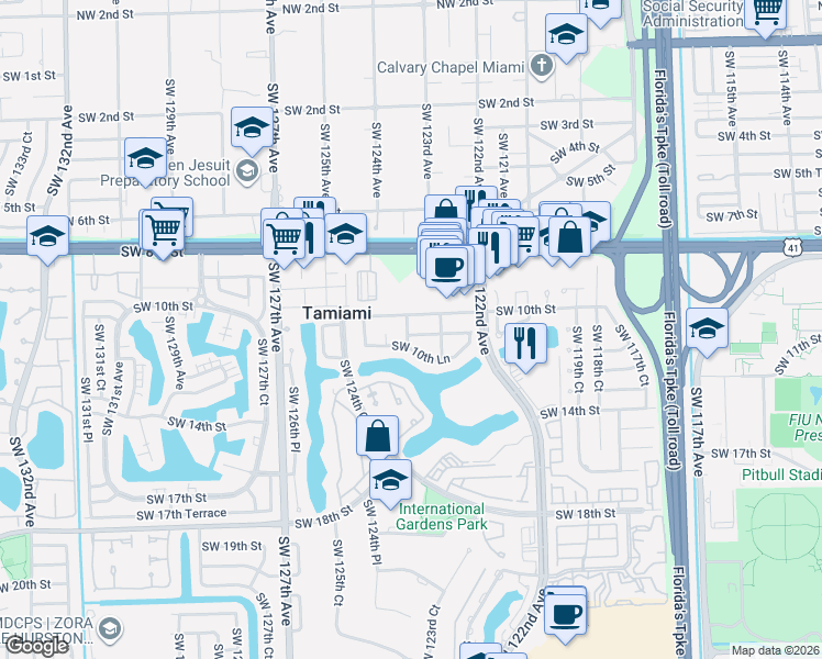 map of restaurants, bars, coffee shops, grocery stores, and more near 12295 Southwest 10th Terrace in Miami