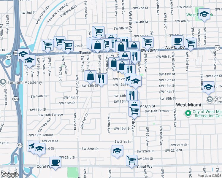 map of restaurants, bars, coffee shops, grocery stores, and more near 6861 Southwest 13th Terrace in Miami