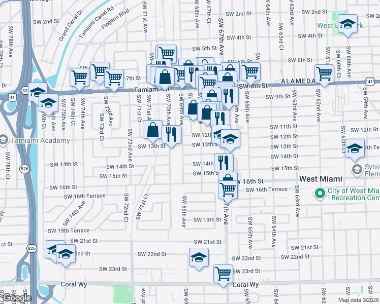 map of restaurants, bars, coffee shops, grocery stores, and more near 6861 Southwest 13th Terrace in Miami